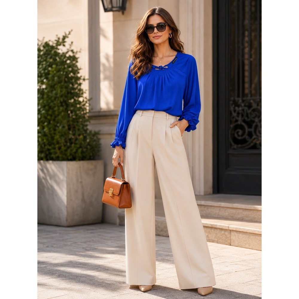Banana Republic Blouse Women M Royal Blue Excellent Pleated Ruffle Smocked Cuff